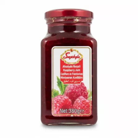 Jar of Seyidoğlu Raspberry Jam with red screw lid and raspberry label