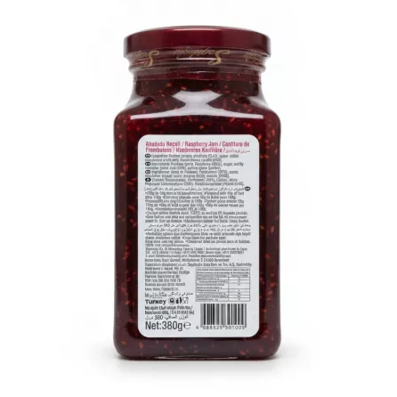 Back label of Seyidoğlu Raspberry Jam jar with ingredients and nutritional facts