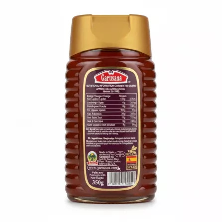 Back label of Garusana honey showing nutritional information and product details