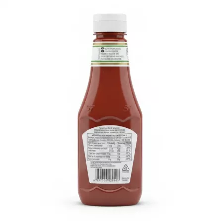 Back view of Heinz Tomato Ketchup bottle showing nutrition and ingredients