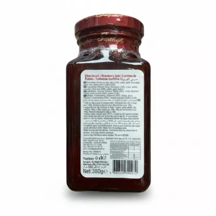 Back label of Seyidoğlu Strawberry Jam displaying ingredient and nutritional information