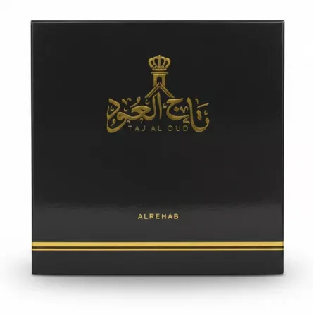 Black box with gold Arabic logo and Taj Al Oud branding