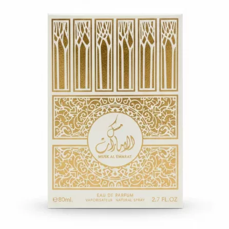 Musk Al Emarat Eau de Parfum box front with ornate gold design