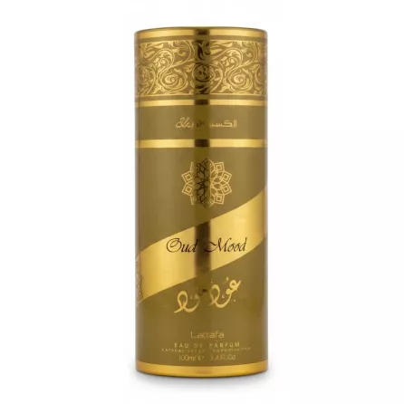 Golden cylindrical box of Lattafa Oud Mood Eau de Parfum