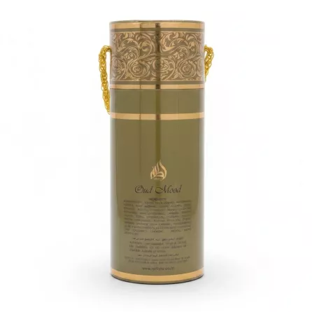 Ingredients list and product details on the back of Lattafa Oud Mood packaging