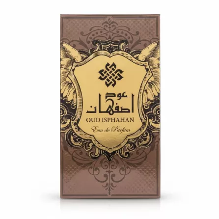 Front of Oud Isphahan Eau de Parfum box with elegant gold and brown design