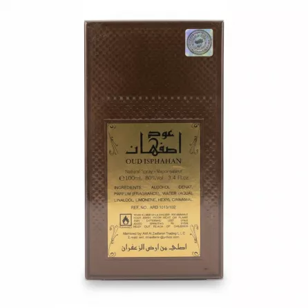 Back of Oud Isphahan Eau de Parfum box with ingredients and product details