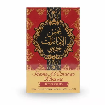 Shams Al Emarat Khususi Red Oud perfume packaging front view