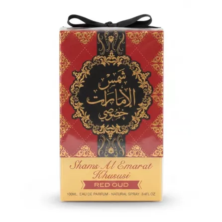 Shams Al Emarat Khususi Red Oud perfume packaging side view