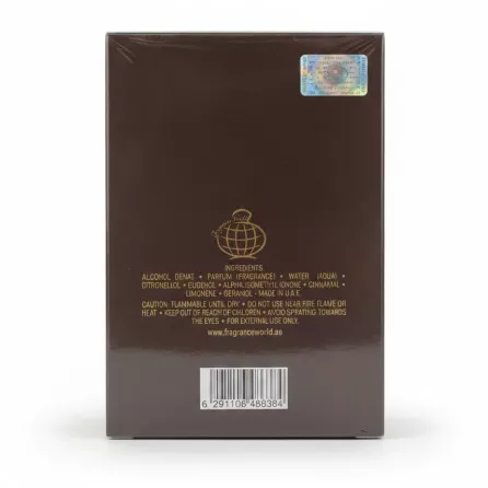 Back of Brown Orchid Oud Edition perfume box showing ingredients and barcode