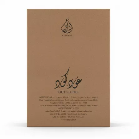 Asdaaf Oud Code perfume box back view with ingredients and details