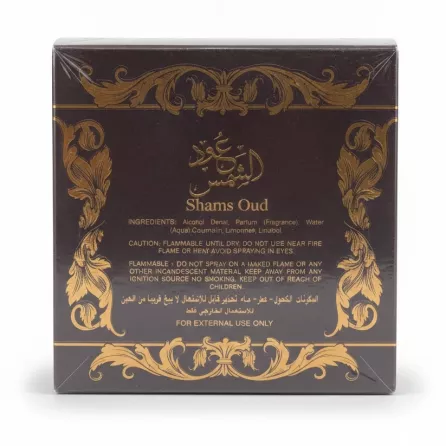 Shams Oud Eau de Parfum packaging back with ingredients