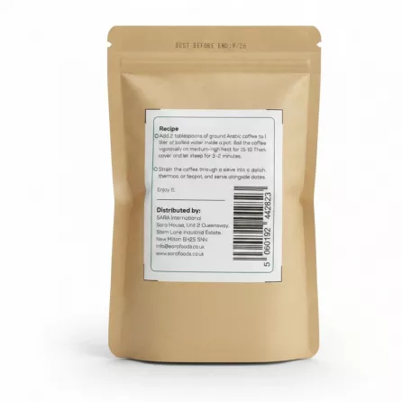 Madina Dates Arabic Coffee ground pouch back with recipe and barcode