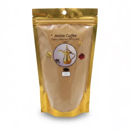 Front view of Madina Arabic Coffee powder packaging with gold resealable pouch