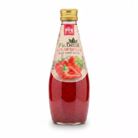 Bottle of Mr. Basil Strawberry Basil Seed Drink with strawberries on label