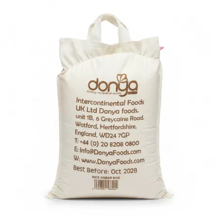 Back of Donya rice bag showing company address and contact details