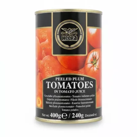 Can of Heera peeled plum tomatoes in tomato juice showing front label