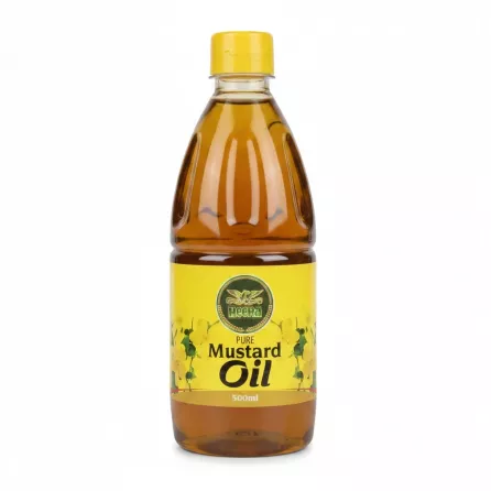 Bottle of Heera Pure Mustard Oil with yellow label and cap
