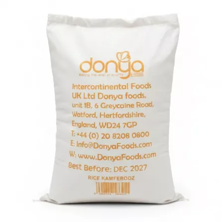 Back side of Donya Kamferooz rice 5kg bag showing brand and contact details