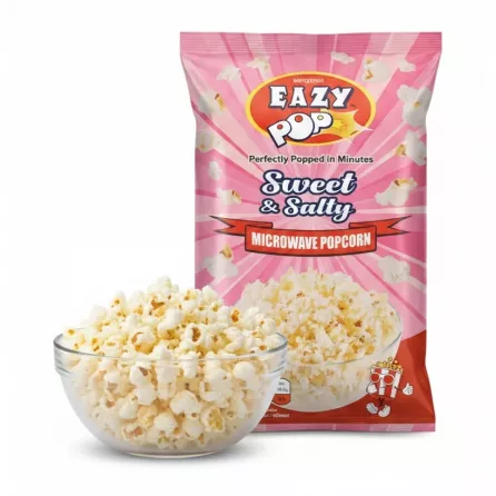 Eazy Pop Sweet & Salty Microwave Popcorn front view with bowl of popcorn
