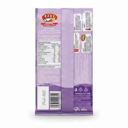 EazyPop Sweet Microwave Popcorn packet back with nutrition facts and cooking instructions