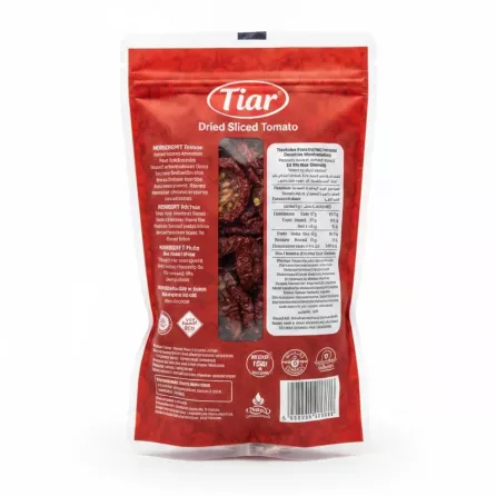 Back of Tiar dried sliced tomato package showing product details and transparent window