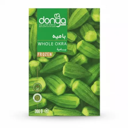 Pack of frozen whole okra by Donya Foods showing fresh green okra pieces
