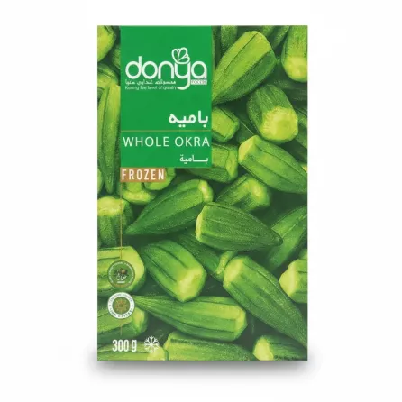Close-up front view of Donya Foods frozen whole okra box