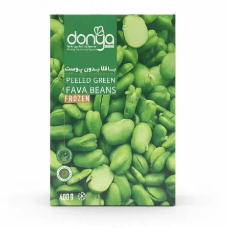 Close-up of Donya peeled green frozen fava beans packaging front