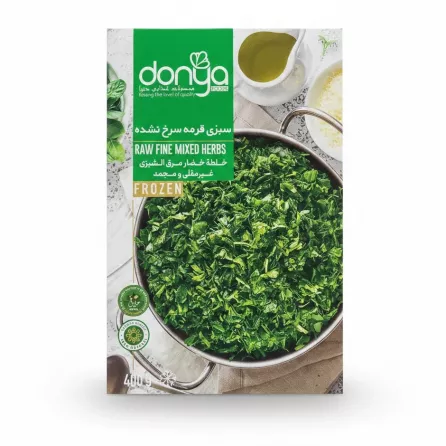 Donya Foods Raw Fine Mixed Herbs frozen package held in hand