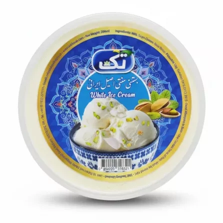 Top view of Tak brand Iranian white ice cream tub featuring pistachios and ice cream scoops on a blue label
