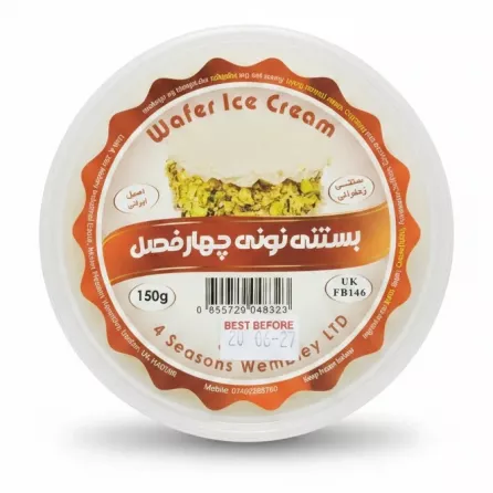 Top view of 4 Seasons wafer ice cream in plastic tub showing product label