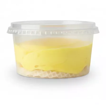 Side view of 4 Seasons wafer ice cream displaying yellow saffron ice cream and wafer base
