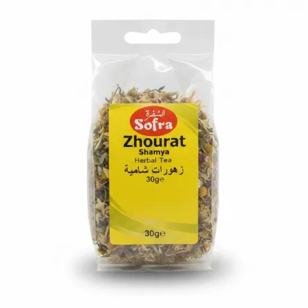 Sofra Zhourat Shamya Herbal Tea front packaging with yellow label