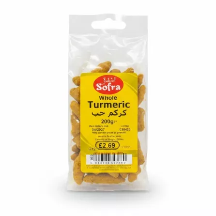 Sofra brand pack of whole turmeric roots showing label and contents