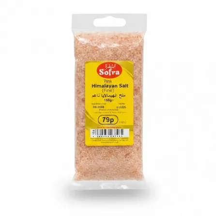 Packet of Sofra Pink Himalayan Fine Salt held in hand