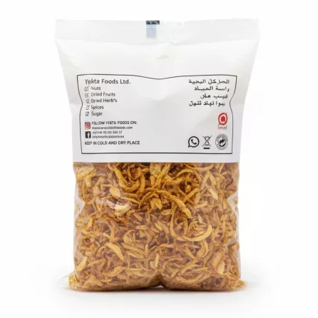 back view of Yekta Foods fried onions packaging with product details