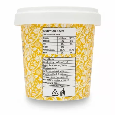 Nutrition facts and ingredients label on Faloudeh tub
