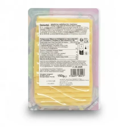 Back view of Aytac Emmental Cheese Slices packaging showing nutritional information and ingredients
