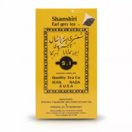 Front view of Shamshiri Earl Grey Tea yellow box highlighting branding and ingredients