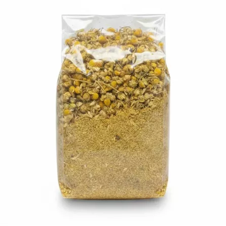 Back view of clear package showing dried camomile flowers and powder