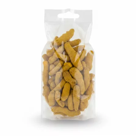 Clear pack showing natural whole turmeric roots inside