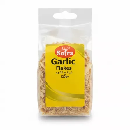 Front view of Sofra Garlic Flakes clear bag with yellow label