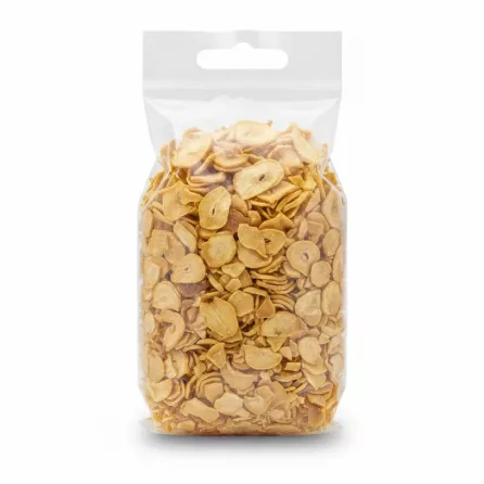 Back view showing dried garlic flakes inside clear bag