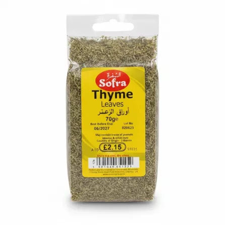 Package of Sofra brand dried thyme leaves in a clear resealable bag