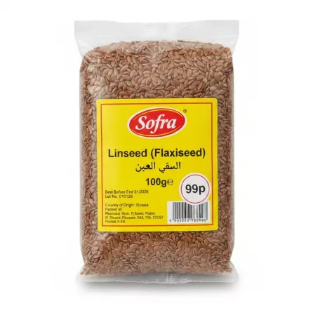 pack of Sofra brand Linseed (Flaxseed) 100g in transparent plastic bag with yellow label