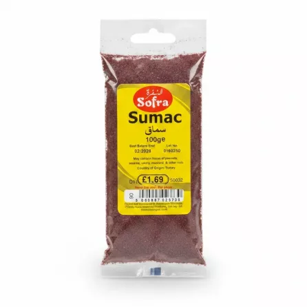 packet of Sofra brand powdered sumac spice with yellow label