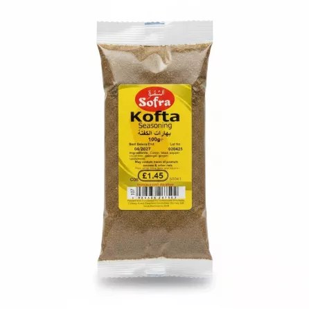 Sofra brand Kofta seasoning packet with yellow label showing ingredients and price