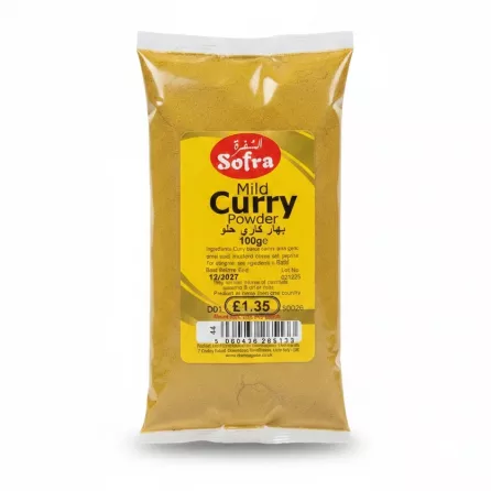 Pack of Sofra Mild Curry Powder in clear plastic packaging with yellow label