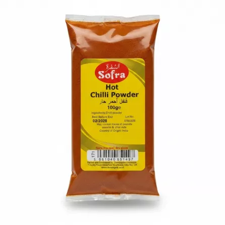 Packet of Sofra Hot Chilli Powder 100g showing vibrant red spice in transparent pack with yellow label